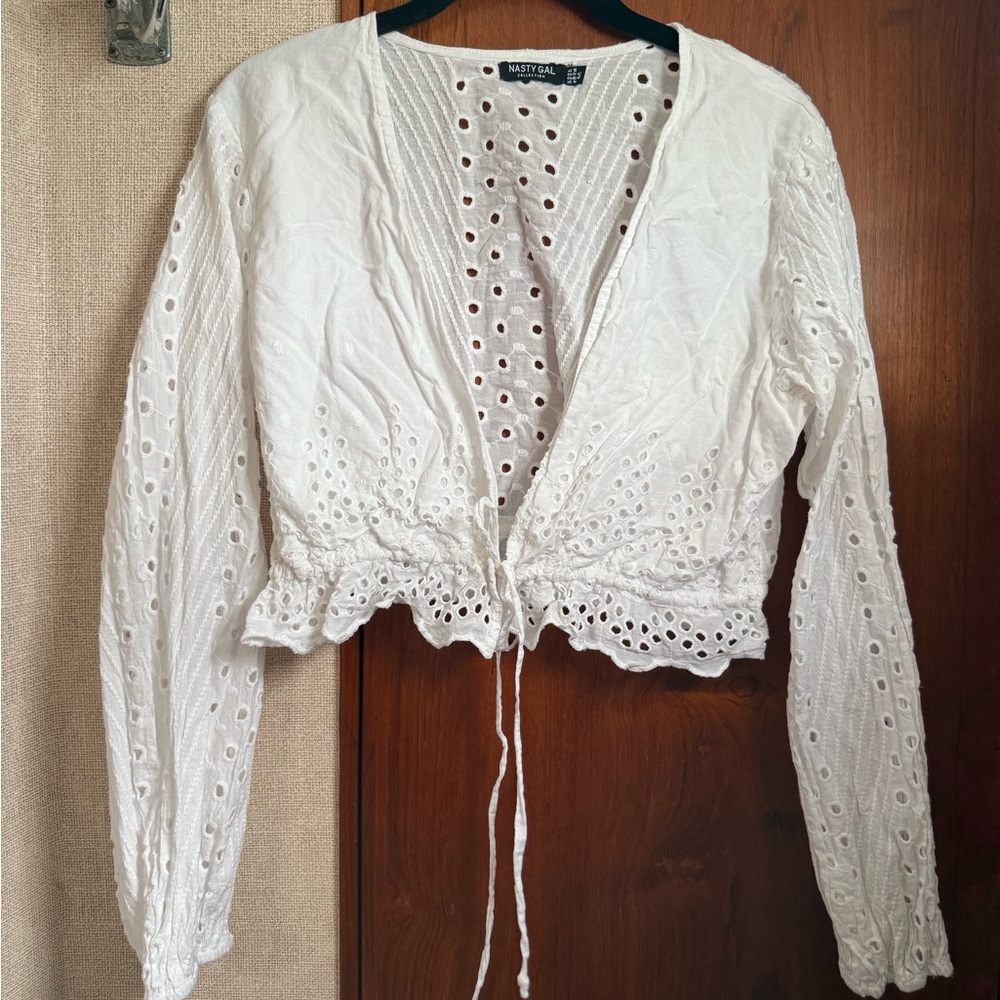 Nasty Gal White Ruffled Tie Front Crop Blouse